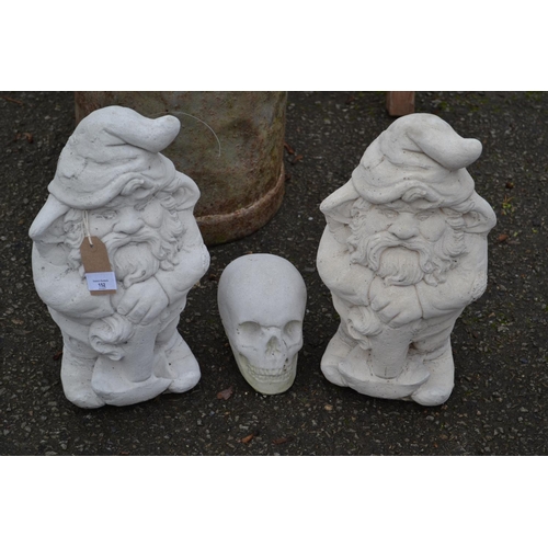 152 - Pair of gatekeeping gnomes & concrete skull