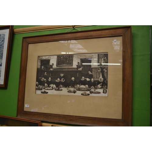 176 - Framed black and white print of a friars dinner. 55cm by 29 cm