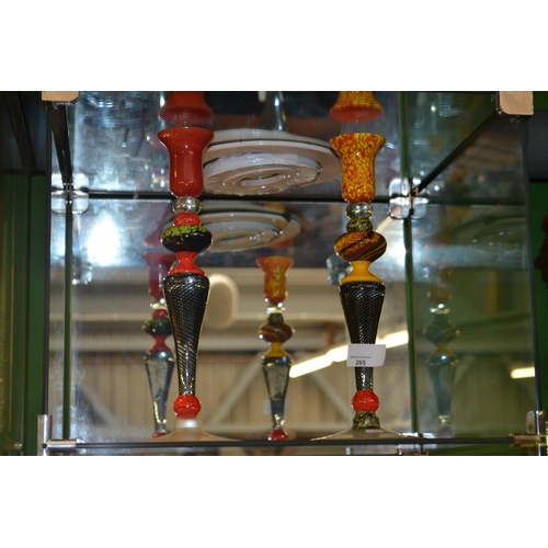 265 - 2 colourful hand-blown glass candlesticks, with signatures