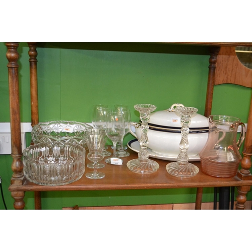 272 - Glass ware on shelf inc, candle sticks & wine glasses etc+ tureen & bowls