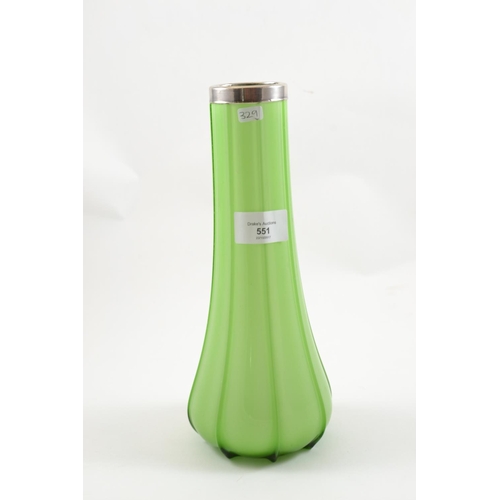 551 - Green Fluted Glass Vase with Silver Rim