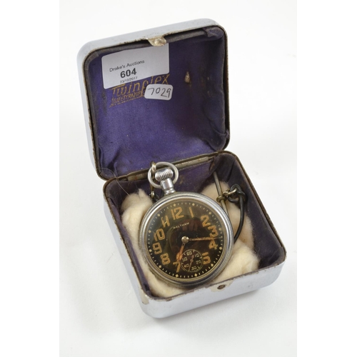 604 - Waltham Military Keyless Pocket Watch, Luminous Face stamped to back