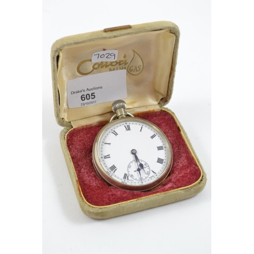 605 - White Metal Keyless Swiss made 7 Jewells Pocket watch Running