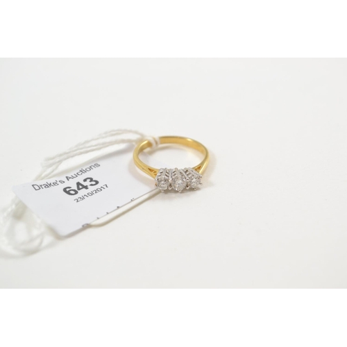 643 - 18ct Diamond 3 stone Ring Sz N