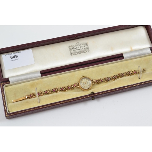 649 - Ladies 9ct Rotary Watch in Excellent Order Set Ruby Flower Head to Strap in Original Harrods Box