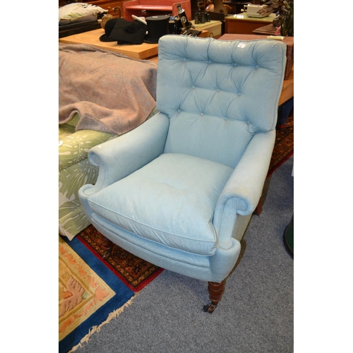 805 - Victorian Style Button Back Arm Chair on Turned Legs With Castors Feather Cushions and Watered Silk ... 