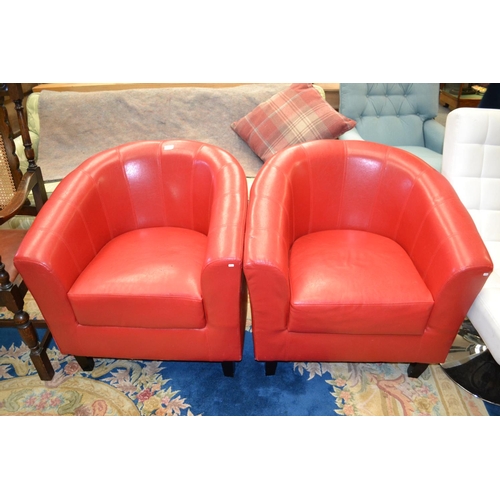 810 - Pair Of Red Faux Leather Tub Chairs (Small areas of Damage to 1 Chair)