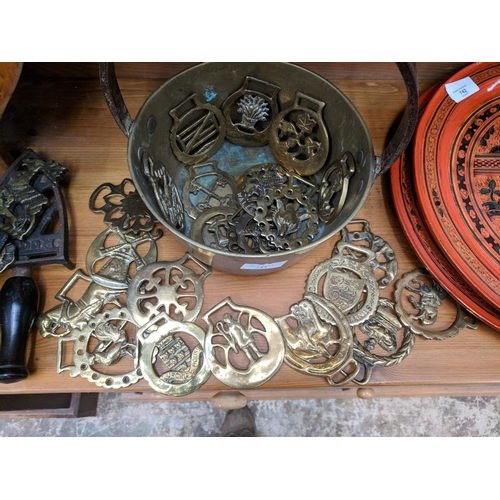 741 - Small Brass Preserving Pan With horse Brasses plus Iron Stand