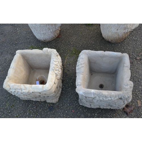 104 - Pair of concrete brick style planters festooned with ivy decoration