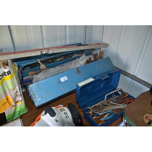 16 - Blue concertina tool box & contents inc. sockets, drill bits + smaller blue tool box & 4ft + 2ft lev... 