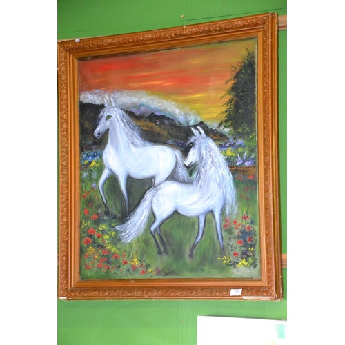 111 - Large framed oil on canvas of horses