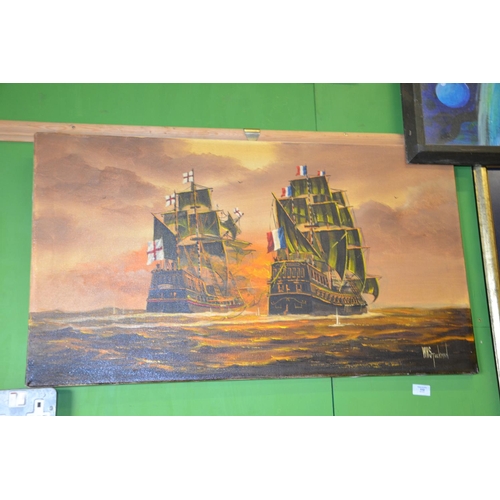 112 - Oil on canvas of warships in battle, 92cm x 51cm