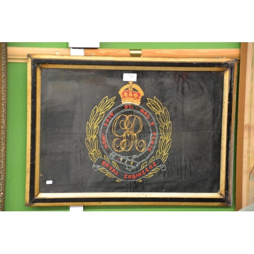 116 - Embroidered and framed Royal Engineers crest. 52cm x 35cm