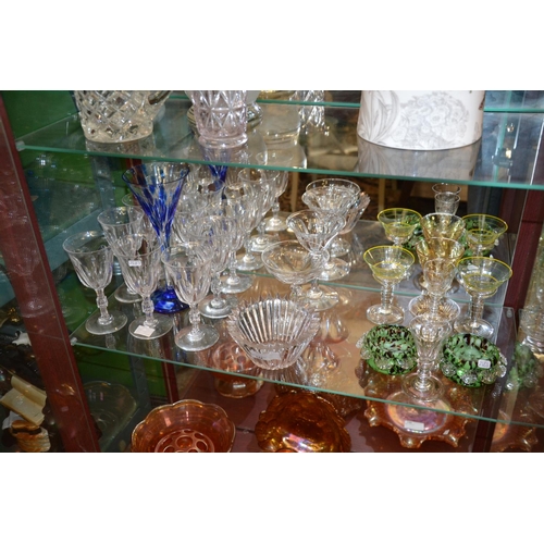 144 - All glassware on shelf inc. Wine glasses small bonbon dishes