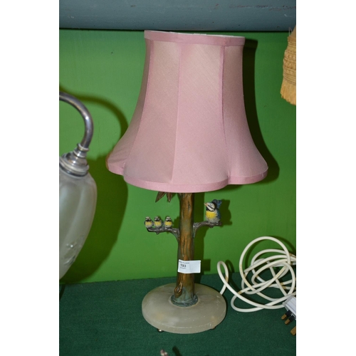 193 - Painted metal lamp with blue tits, on onyx base