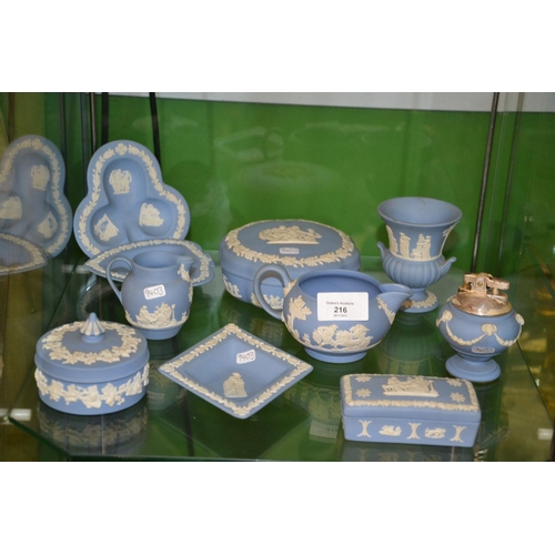 216 - Collection of Wedgwood Jasper ware on shelf