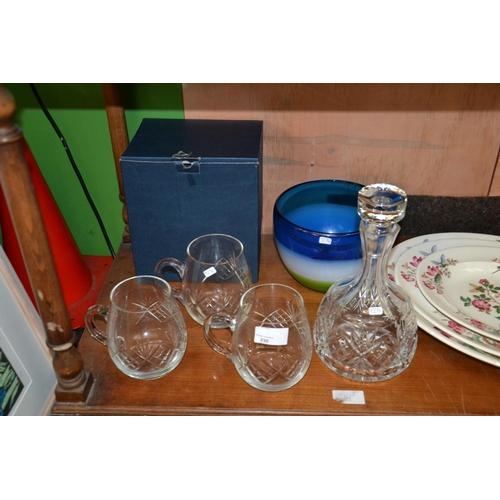 230 - Art glass bowl, 3 glass tankards, cutglass decanter