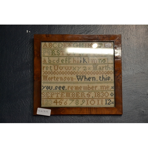 467a - Framed sampler Sept 5th 1830, alphabet and numbers, 24 x 22cms