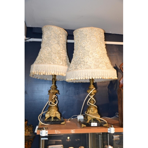 249 - Pair of Ormolu & Marble Based Dining Room Lamps. H66cm (inc. shade)