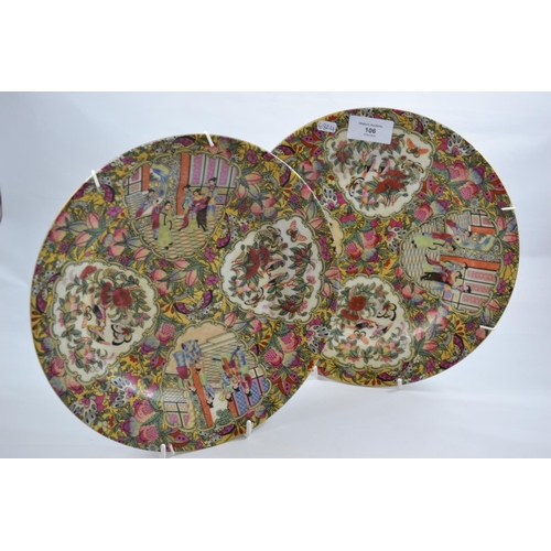 106 - Pair of famille rose style plates. Decorated figures & birds.