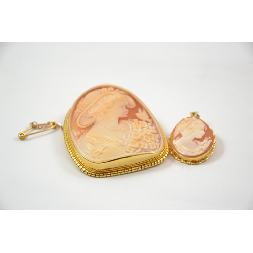 129 - 18ct Italian cameo brooch + 1 other 18ct cameo.