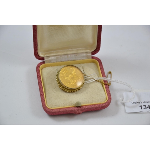 134 - Mounted, 1880 gold five dollar coin. Marked 'S' mint mark. Gross weight 14.33 with mount.