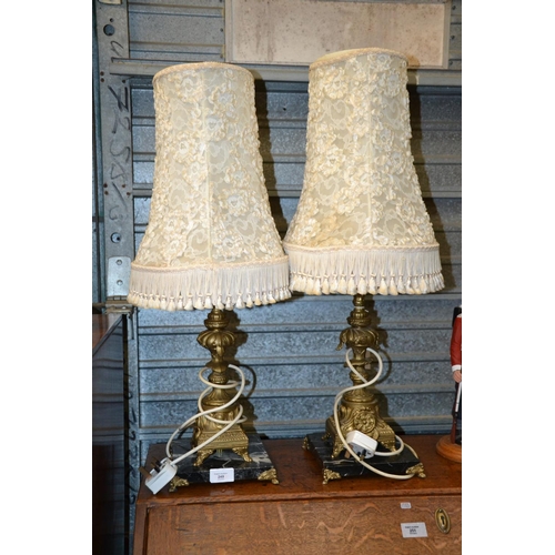 249 - Pair of Ormolu & Marble Based Dining Room Lamps. H66cm (inc. shade)