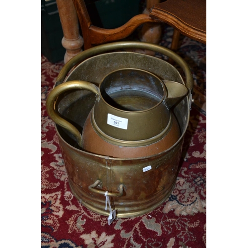 301 - Brass & copper jug & brass coal scuttle