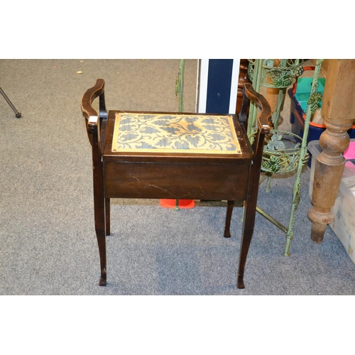 304 - Edwardian piano stool with gold & blue upholstery