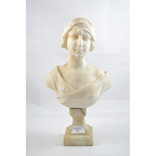 93 - C19 marble bust of young girl. Areas of damage.