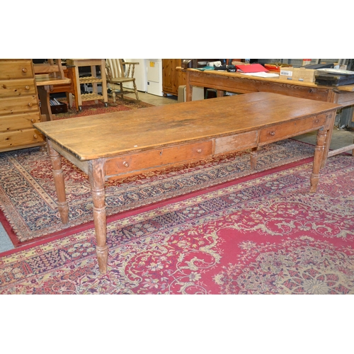 314 - Large rustic farmhouse table with 3 drawers, w 213cm x d 86cm x h 74 cm