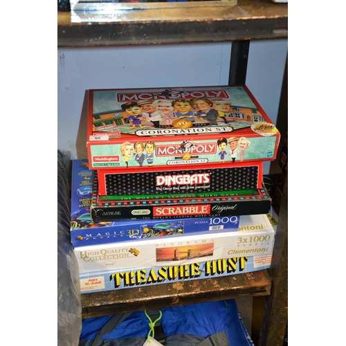 88 - 4 board games and 2 puzzles on shelf inc Coronation street monopoly