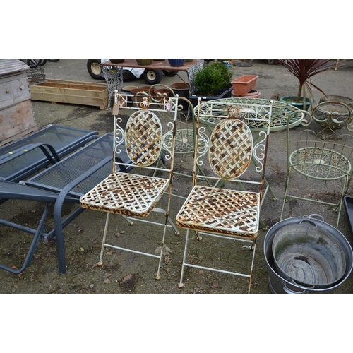 108 - Pair of white painted weave design metal outdoor chairs. collected