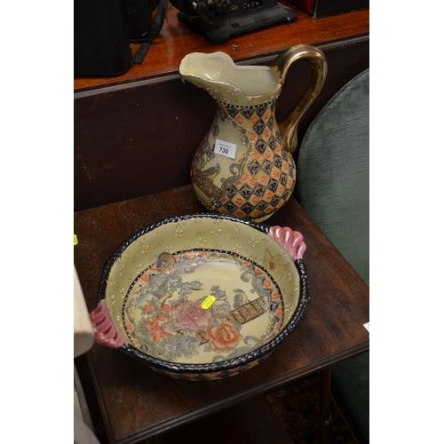 730 - Oriental wash jug & bowl with hand painted flowers & birds, characters to base