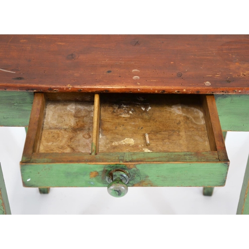 95 - Victorian tapered legged writing table with compartmentalised drawer, base painted green