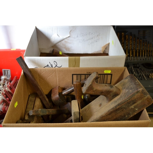 68 - 2 boxes of mostly vintage tools inc. Bevels, squares, planes, scribes etc.