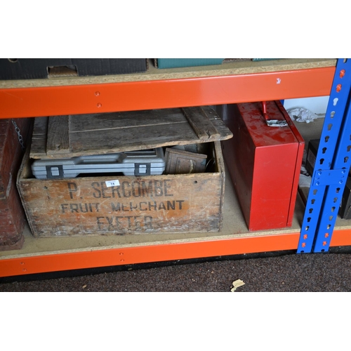 74 - Vintage box with contents inc. masonry and roofers tools etc + red box and tool contents