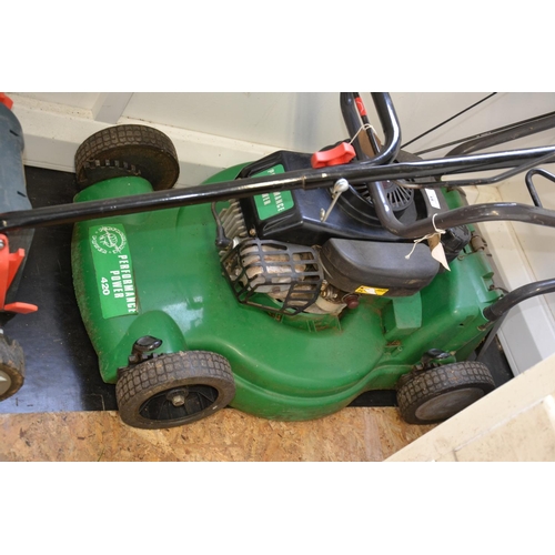 15 - Performance Power 420 petrol mower. Tested in working order (no grass collection box)