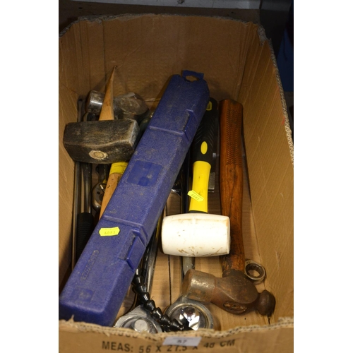 57 - Box of tools inc. large ratchets, Large ball peen hammers etc.