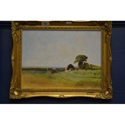 262 - Framed oil on board of a harvesting scene, artist unknown, overall 49x39.5cm