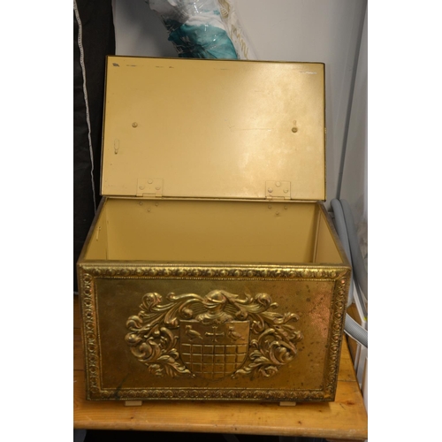 7 - Brass/copper covered coal or log box with coat of arms decoration