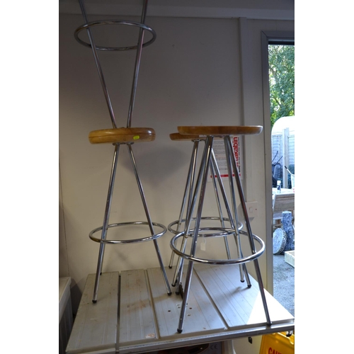 3 - 4 beech topped stools with splayed chrome supports