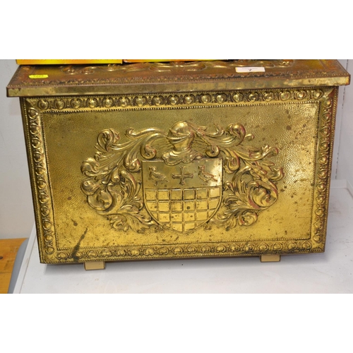 7 - Brass/copper covered coal or log box with coat of arms decoration