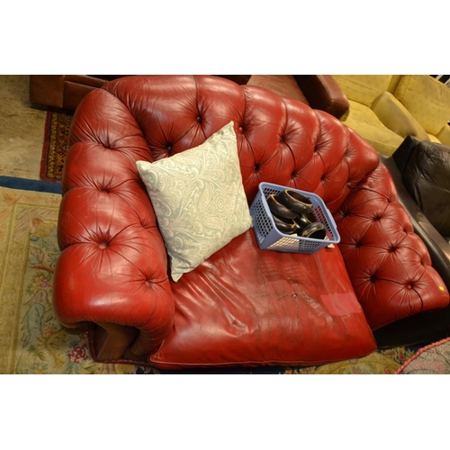 620 - Oxblood red button backed chesterfield style 2 seater sofa, width 158cm