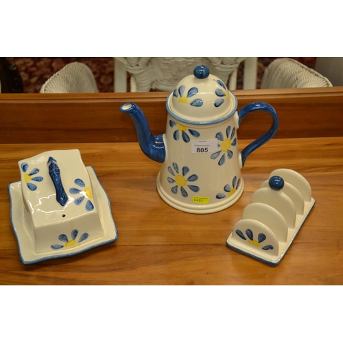 805 - Matching ceramic toast stand, tea pot and butter dish