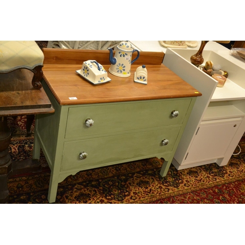 806 - Green painted satinwood 2 drawer unit with ceramic handles. Width 91 cm.