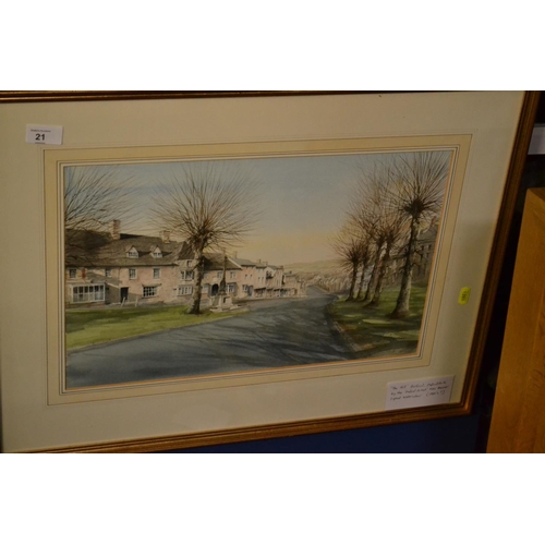 21 - original signed watercolour by Ken Messer. of
 'The Hill ,Burford' 67cm x 52cm