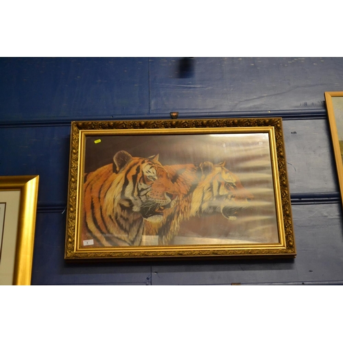 3 - Print of tigers by Donovan Russ in gilt frame