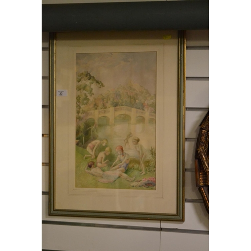 23 - Framed watercolour of children playing and bathing at the waterside, signed E T