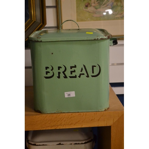 29 - Green enamelled bread bin with lid, wear to edges, Height inc. handle 34cm